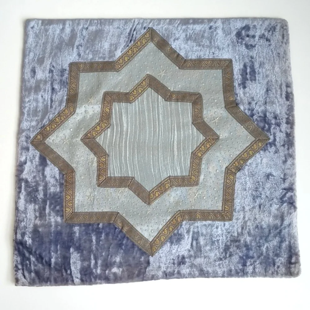 Vintage Dusty Blue Gold Velvet Embroidered Embossed Star Pillow Sham 15” X 16”